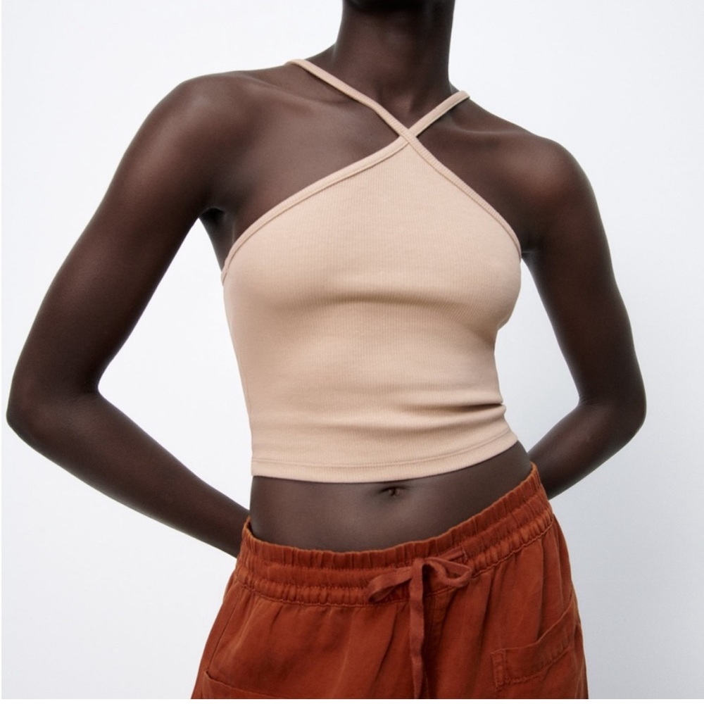 Zara Ribbed Tan Cross Neck Halter Top